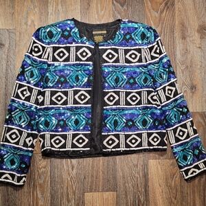 Vintage 80s Parisian Room Womens Medium Silk Blazer Sequin Blue Black White